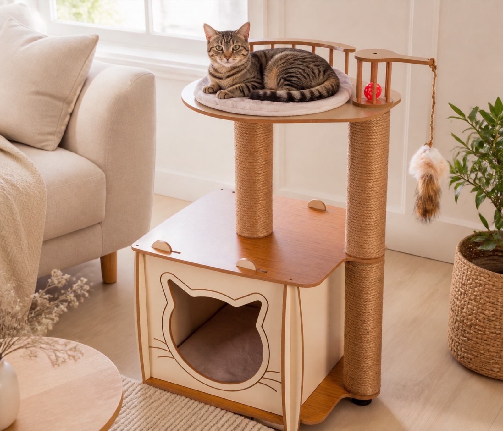 Arbre à chat Angora installé dans un intérieur lumineux