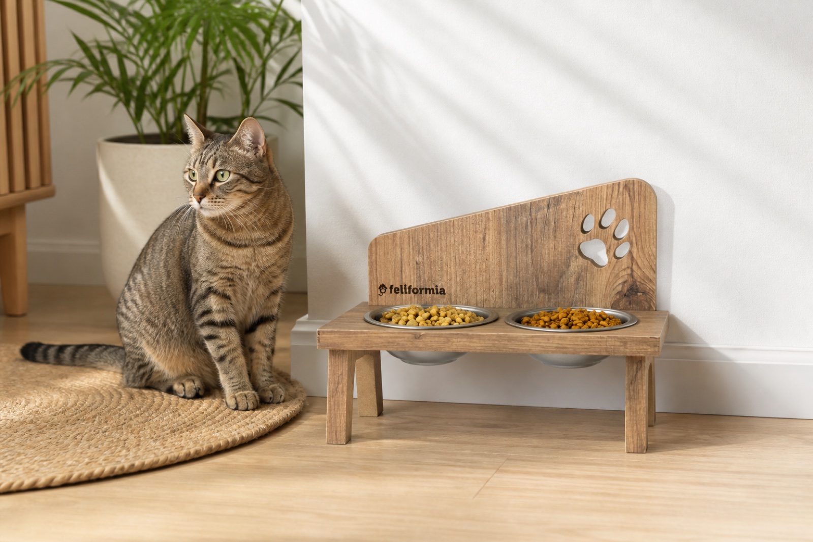 Support Feliformia avec deux gamelles auprès d'un chat