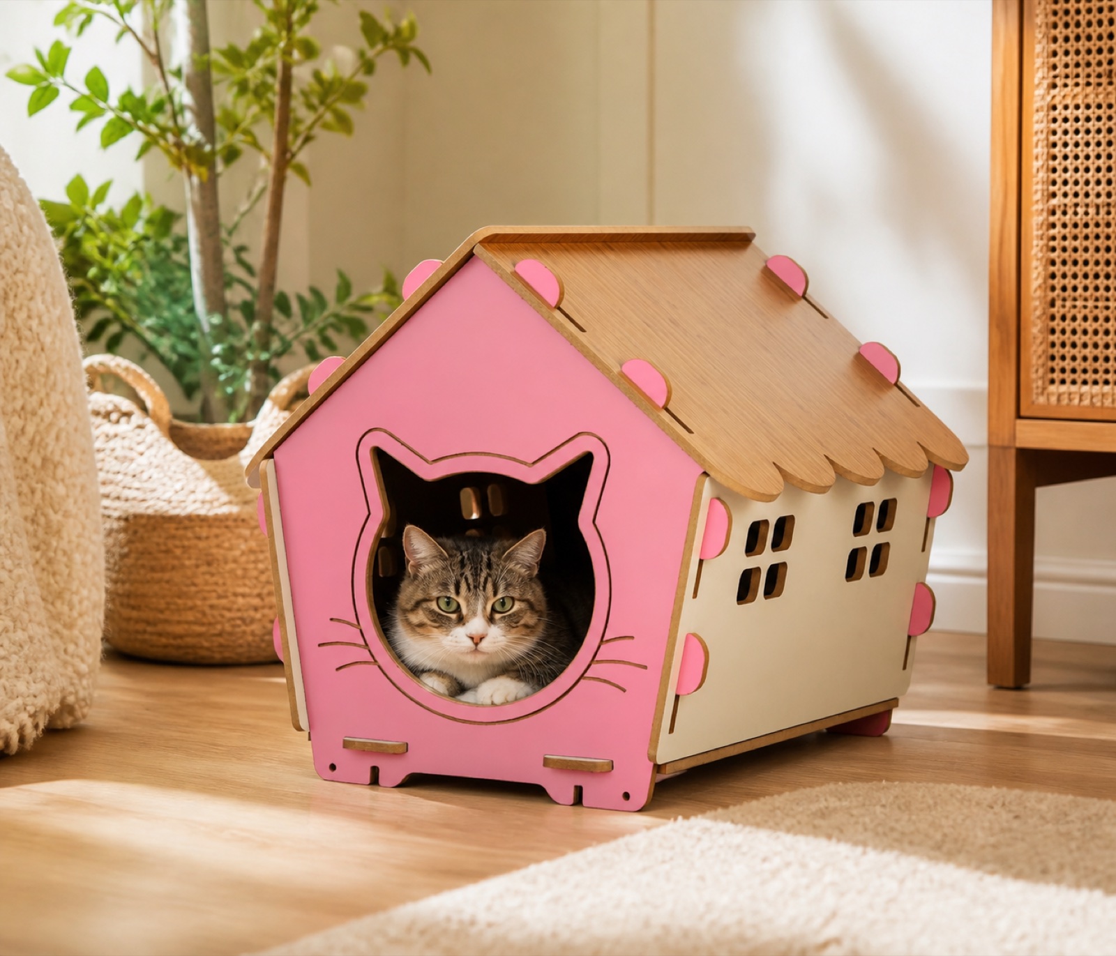 Maisonnette rose en bois utilisée par un chat