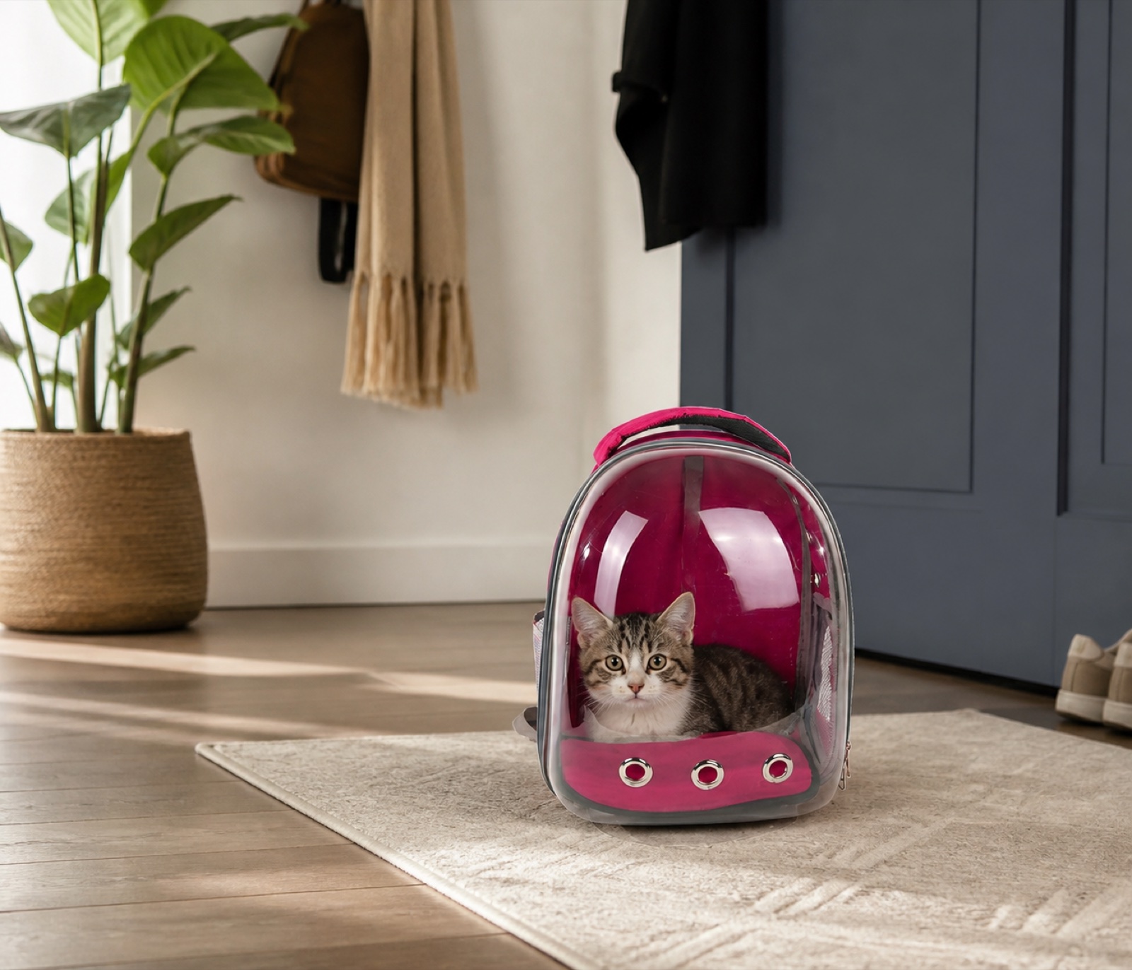 Sac de transport rose transparent avec un chat