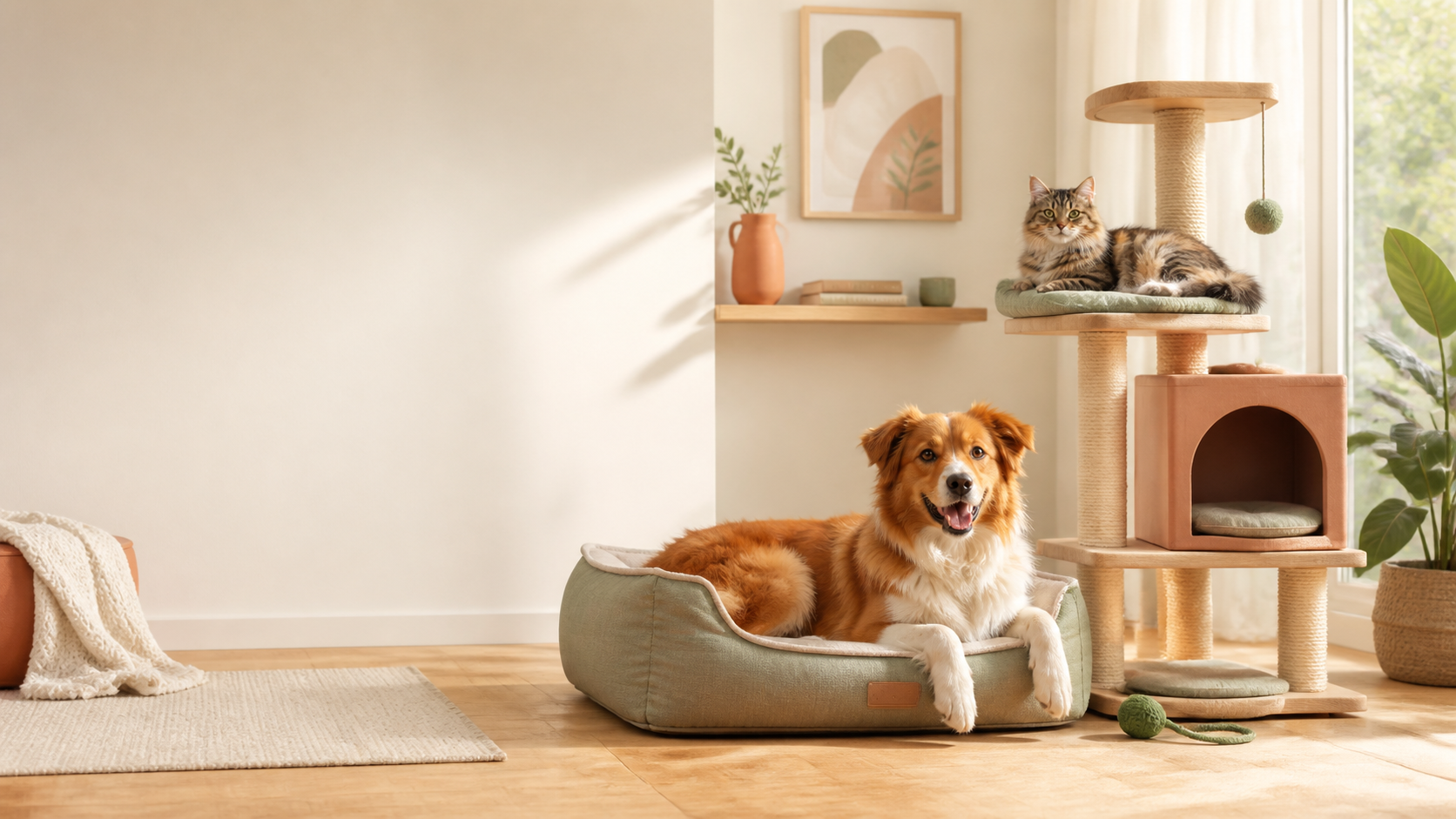 Un chien et un chat dans un intérieur chaleureux