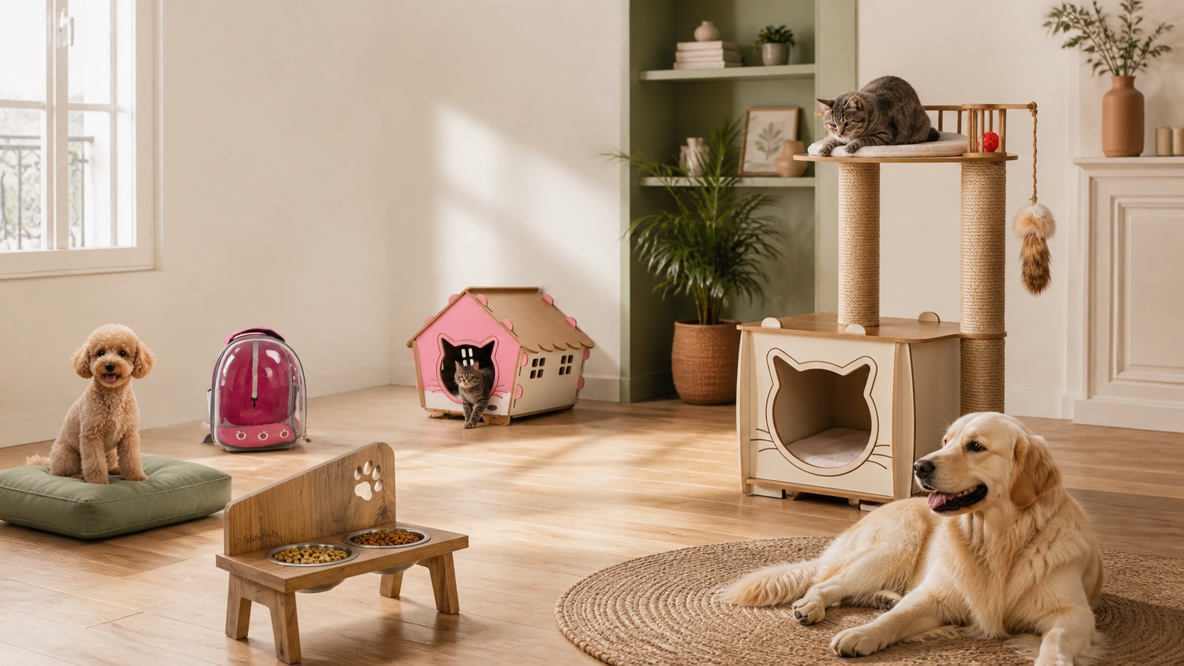 Des chiens et des chats dans un intérieur lumineux aménagé avec les accessoires PetShopCenter